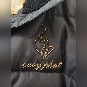 Baby Phat Black Puffer Jacket with Gold Embroidery & Removable Sleeves